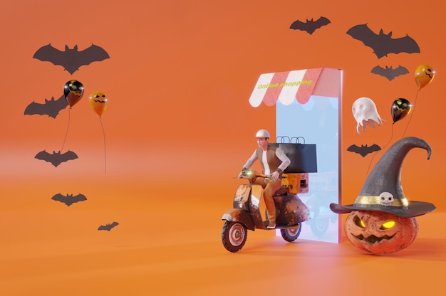 3D-Illustration 3D-Rendering Online-Lieferservice Halloween-Party fährt Roller herum