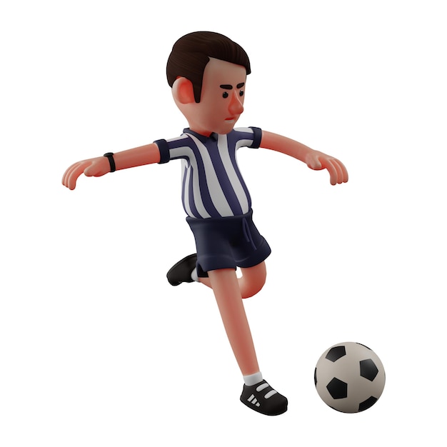 3D-Illustration 3D-Schiedsrichterfigur Cartoon-Design, das den Ball in einem coolen Posenstil kickt