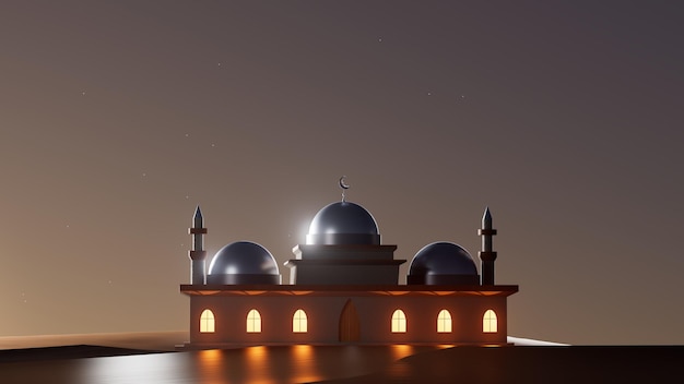 3D-Illustration arabische Moschee auf dem Hintergrund des Sonnenuntergangs in der Wüste Ramadan-Konzept