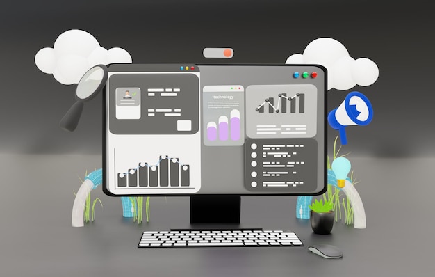 3D-Illustration auf dem Computer Datenanalyse Website SEO White Screen-Anwendung