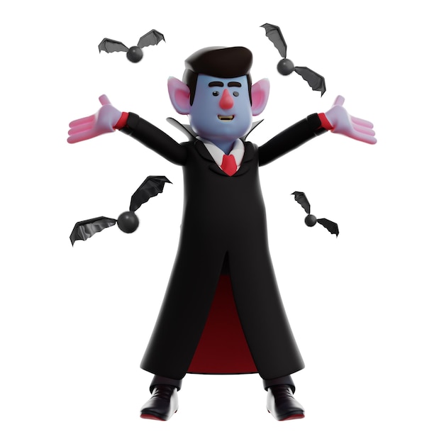 Foto 3d-illustration bild einer 3d-dracula-vampir-figur, die mit ausgestreckten fledermäusen spielt