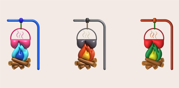 3D-Illustration Campingkocher Kochtopf Auf einem Holzfeuer