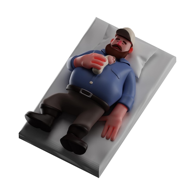 3D-Illustration Cartoon-Illustration des 3D-Charakters Super Dad, der ein schlafendes Baby umarmt