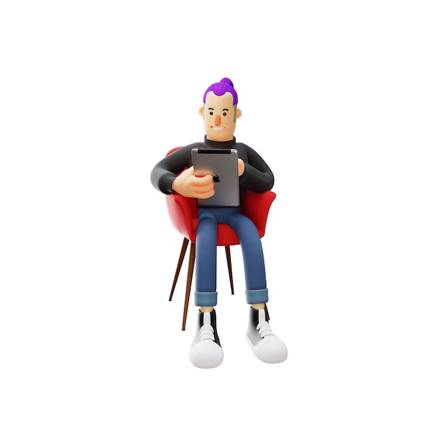 3D-Illustration Cool Guy Charakter 3D mit Tablet spielte auf dem Tablet, während er im Stuhl saß