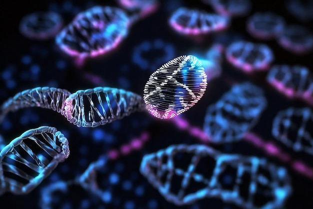 3D-Illustration der DNA-Helixstruktur auf dunklem Hintergrund mit blauem Licht