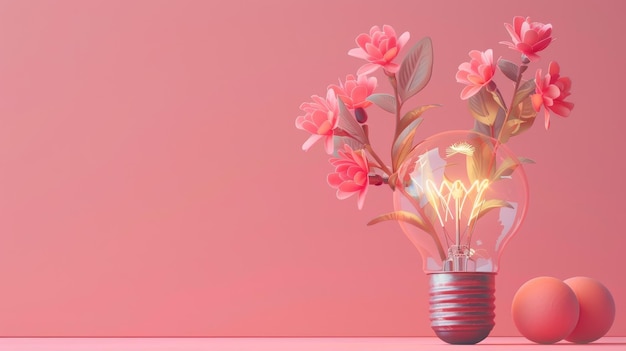 3D-Illustration der Kraft einer Idee Glühbirne auf rosa Hintergrund Kopierraum