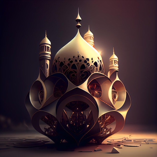 3D-Illustration der Ramadan-Kareem-Grußkarte mit goldener Laterne und Moschee