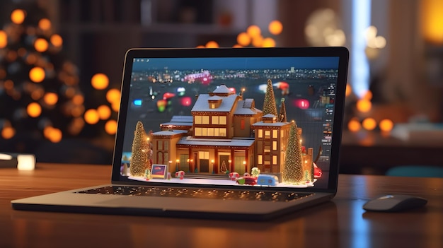 3D-Illustration der Weihnachtshausdekoration auf dem Laptop