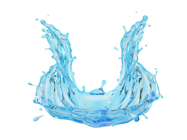 3d Illustration des blauen Wasserspritzens auf weißem Hintergrund mit Beschneidungspfad