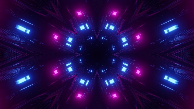 3d-illustration des dunklen tunnels mit neonblauen und lila lichtern als abstrakter hintergrund
