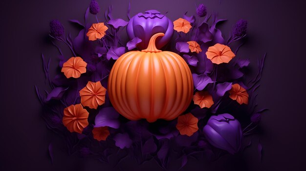 3D-Illustration des Halloween-Hintergrunds mit Kürbissen und Blumen auf violettem Hintergrund3D-Rendering