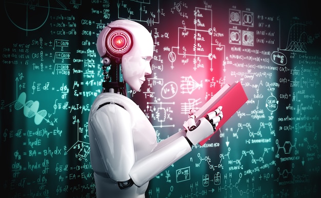 3D-Illustration des humanoiden Lesebuchs des Roboters und des Lösens der Mathematik