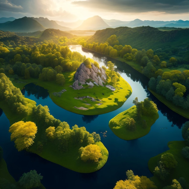 3D-Illustration des Landschafts-Natur-Hintergrunds am Morgen