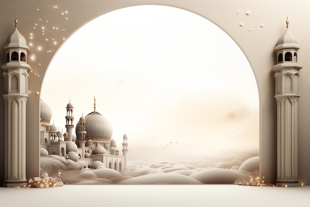 3D-Illustration des Ramadan-Kareem-Hintergrunds mit Moschee und goldenen Datteln