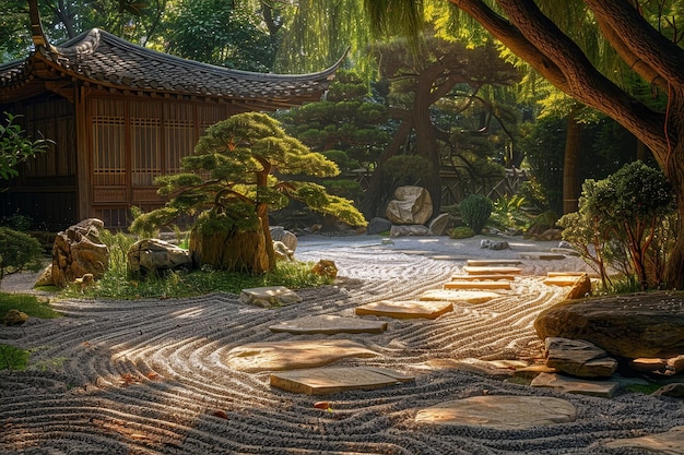 3D-Illustration des Zen-Gartens japanischer Garten