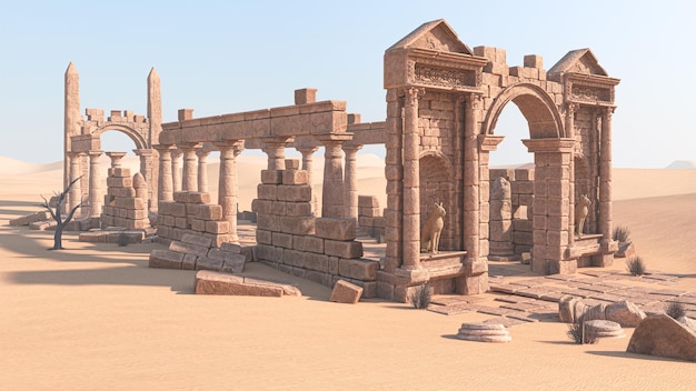3D-Illustration, die ein zerstörtes altägyptisches Gebäude in der Wüste darstellt