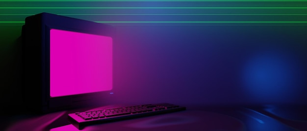 3D-Illustration, die Fernsehbildschirm-Monitor der Technologie darstellt, futuristisches Cyberpunk-Display, Gaming-Scifi-Bühnenpodest, Hintergrund, Gamer-Banner, Zeichen des Neonlichts, Podium
