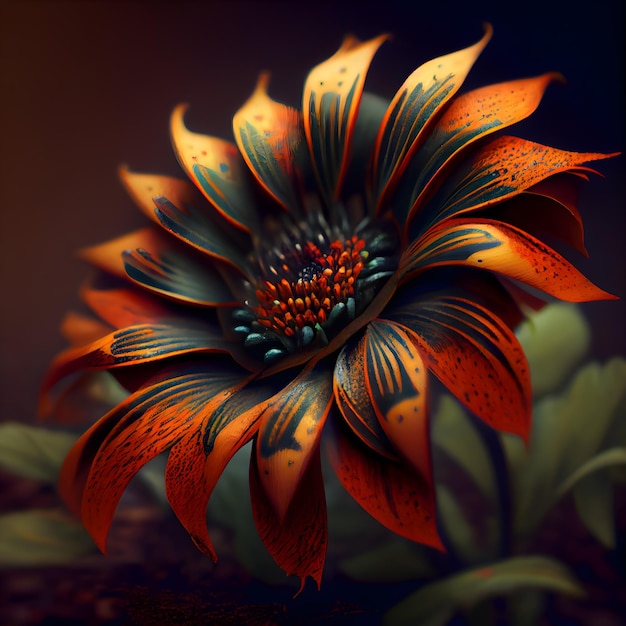 3D-Illustration einer Blume mit orangefarbenen Blütenblättern auf dunklem Hintergrund