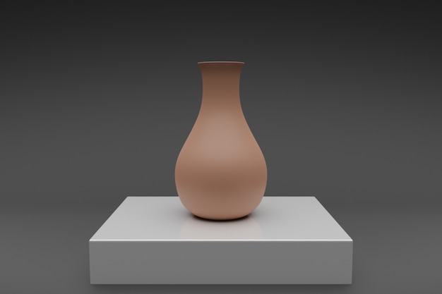 3d Illustration einer braunen Tonvase auf einem weißen Tisch.