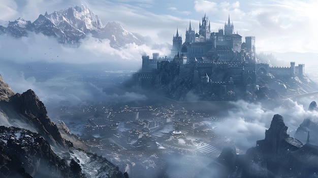 3D-Illustration einer Fantasie-Landschaft mit einem märchenhaften Schloss