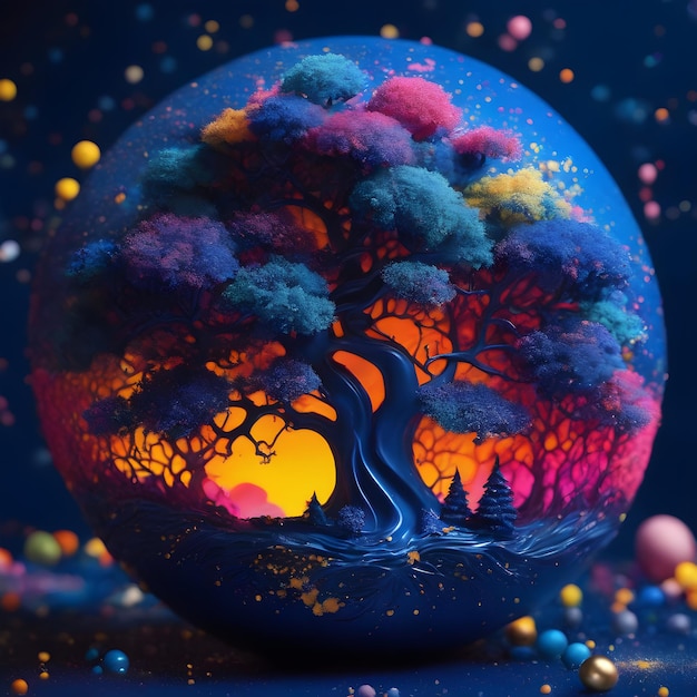 3D-Illustration einer Fantasielandschaft mit einem Baum in einer Kugel