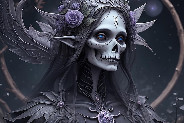 3D-Illustration einer Fantasy-Frauenfigur mit einem Skull Maskai generiert