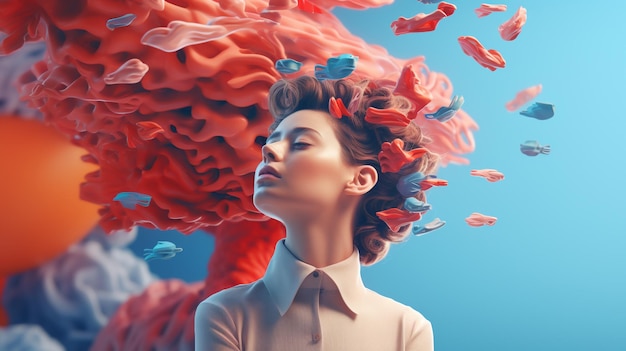 3D-Illustration einer Frau mit ihrem Überdenken