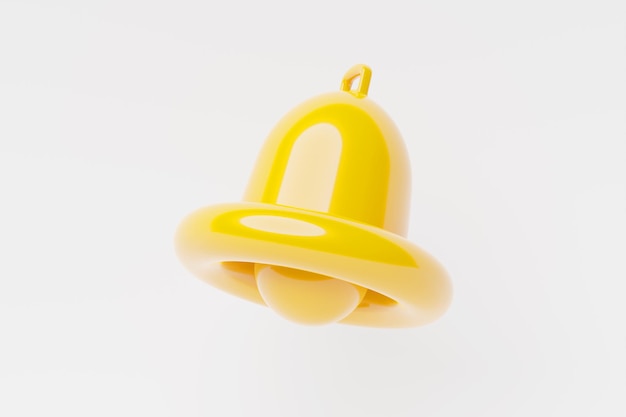 3D-Illustration einer gelben Glocke mit einer neuen Social-Media-Erinnerungsbenachrichtigung auf weißem Hintergrund