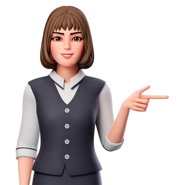 3D-Illustration einer Geschäftsfrau, die mit der rechten Hand auf die rechte Seite zeigt