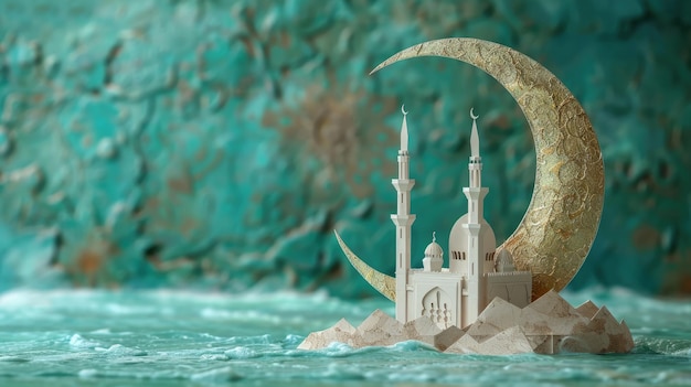 3D-Illustration einer islamischen Dekoration Moschee mit goldenen Mond und Sterne Ornament für Eid Mubarak