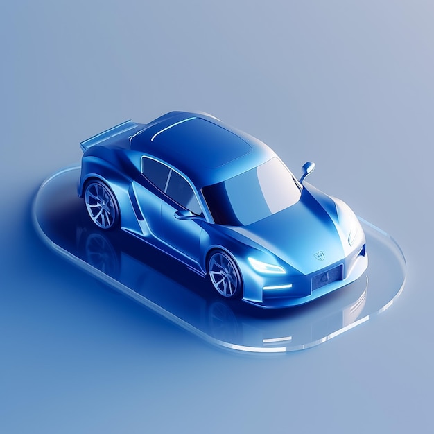 3D-Illustration einer isometrischen Sportwagenikone auf einem minimalistischen, isolierten blauen Hintergrund, AI generiert