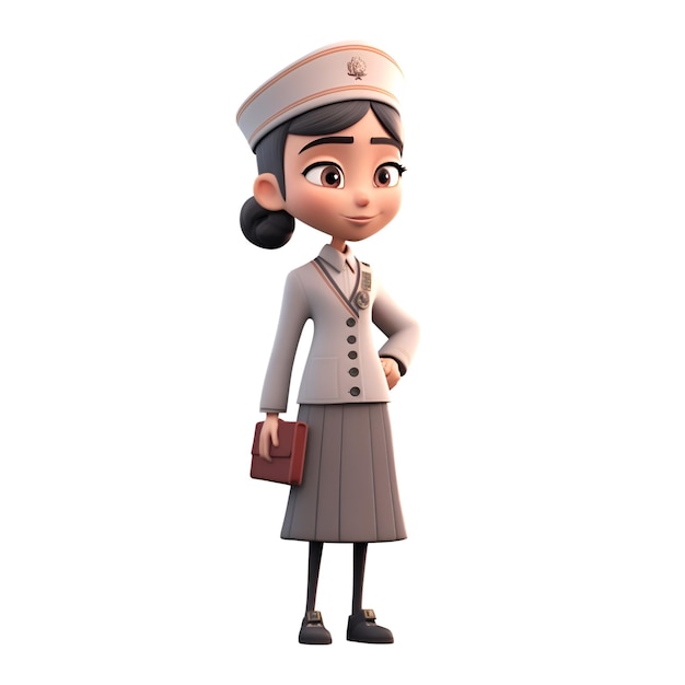 3D-Illustration einer jungen Frau in Uniform mit Aktentasche