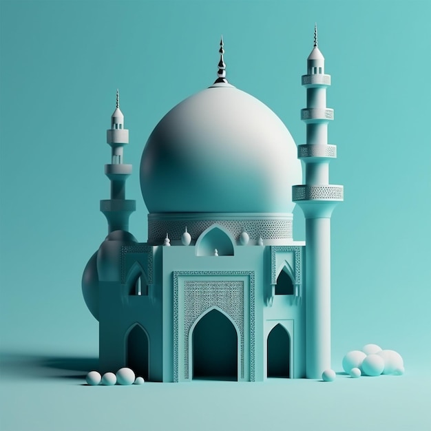 3D-Illustration einer Moschee mit einem hellblauen Mond