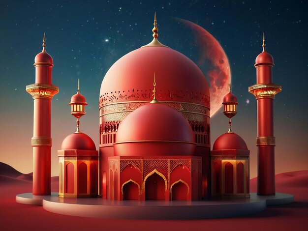 3D-Illustration einer Moschee mit goldenem Mond- und Sternornament