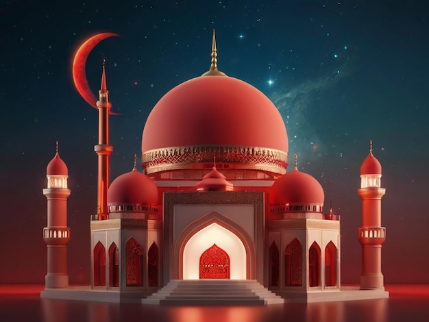 3D-Illustration einer Moschee mit goldenem Mond- und Sternornament