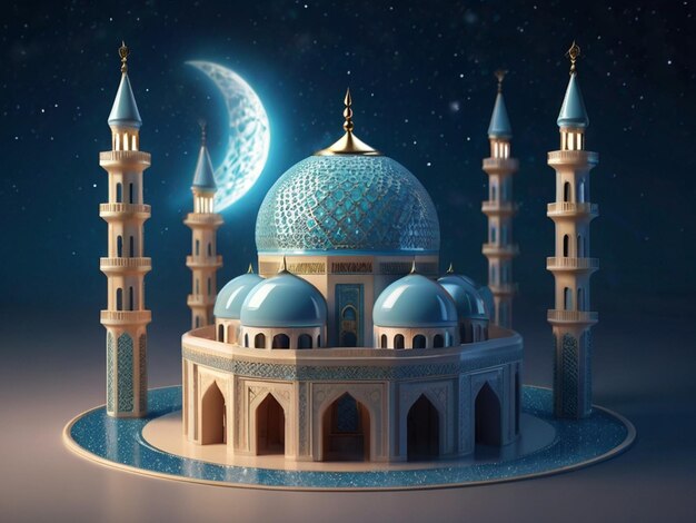 3D-Illustration einer Moschee mit goldenem Mond- und Sternornament