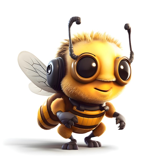 3D-Illustration einer niedlichen Bienen-Cartoon-Figur mit Kopfhörern und Mikrofon