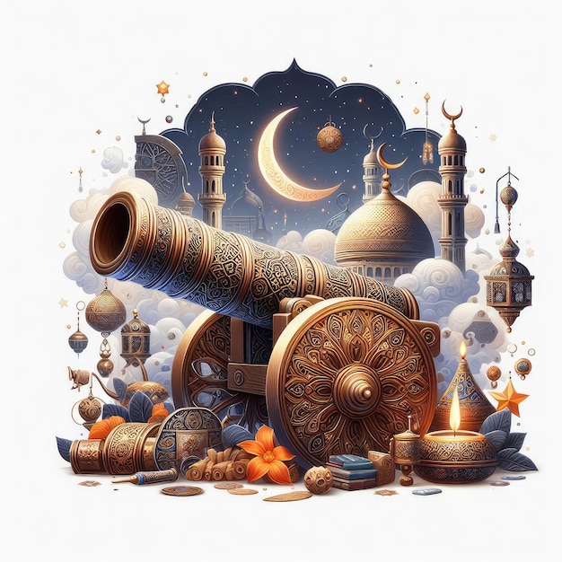 3D-Illustration einer Ramadan-Kanone, isoliert auf weißem Hintergrund