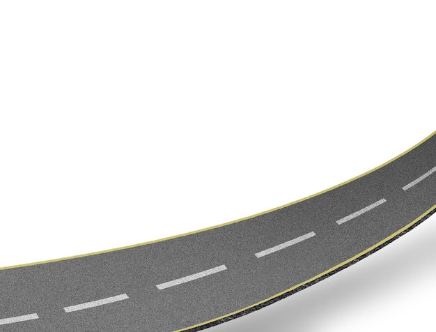 3D-Illustration einer realistischen Straße, die auf einem abstrakten weißen Hintergrund isoliert ist.