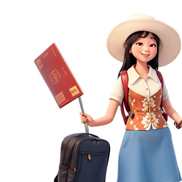3D-Illustration einer schönen asiatischen Frau mit Koffer und Reisepass