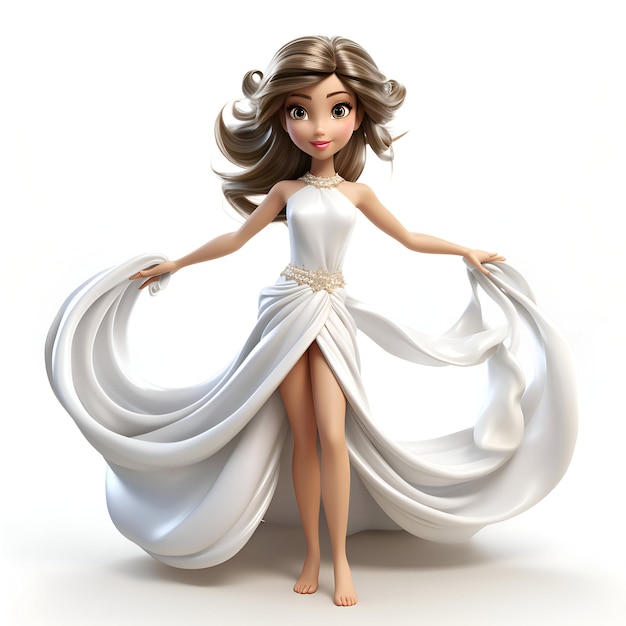 3D-Illustration einer schönen Frau in einem weißen Kleid auf einem weißen Hintergrund