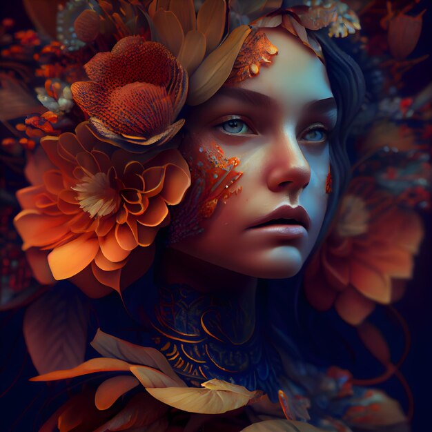 3D-Illustration einer schönen jungen Frau mit Fantasie-Make-up und Blumen im Haar