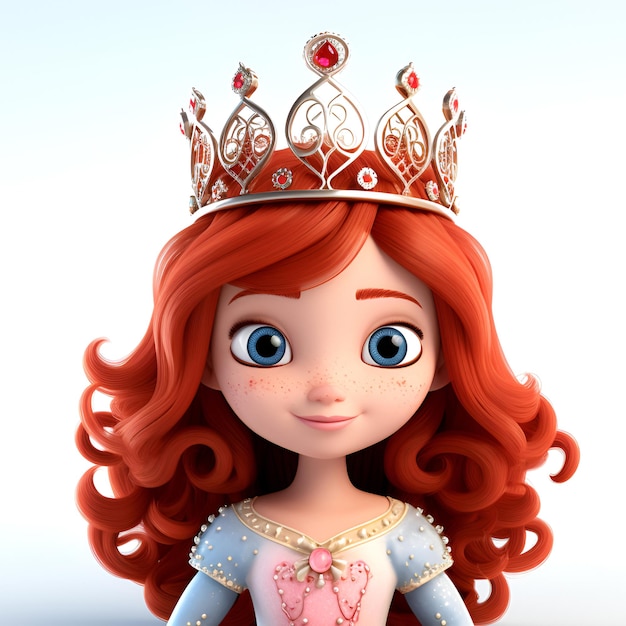 3D-Illustration einer süßen kleinen Prinzessin mit roten Locken in einer Krone, ein Nahaufnahmeporträt