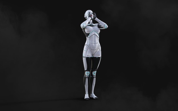 3D-Illustration einer weiblichen KI-Cyborg-Pose auf schwarzem Hintergrund mit Clipping-Pfad-KI-Projekt