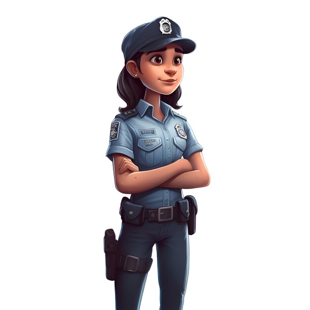 3D-Illustration einer weiblichen Polizistin, die auf einem weißen Hintergrund isoliert ist