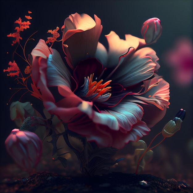 3D-Illustration einer wunderschönen Blume vor dunklem Hintergrund. Digitale Malerei