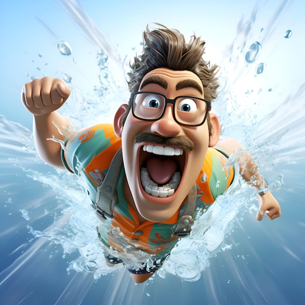 3D-Illustration einer Zeichentrickfigur, die in einem Schwimmbad mit Spritzen schwimmt