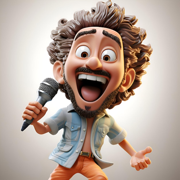 3D-Illustration einer Zeichentrickfigur, die mit einem Mikrofon Karaoke singt