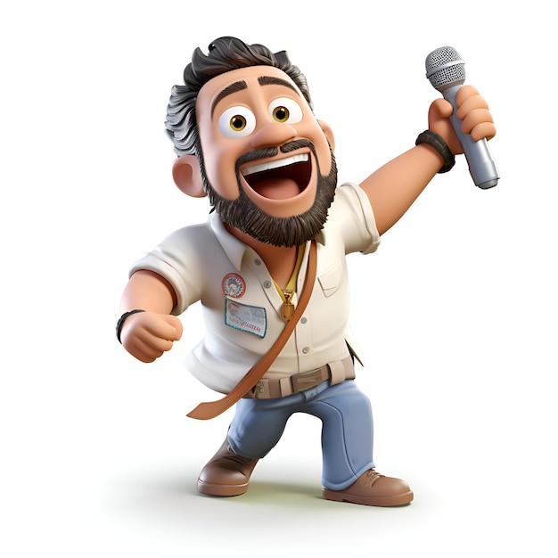 3D-Illustration einer Zeichentrickfigur in Safari-Outfit mit Mikrofon