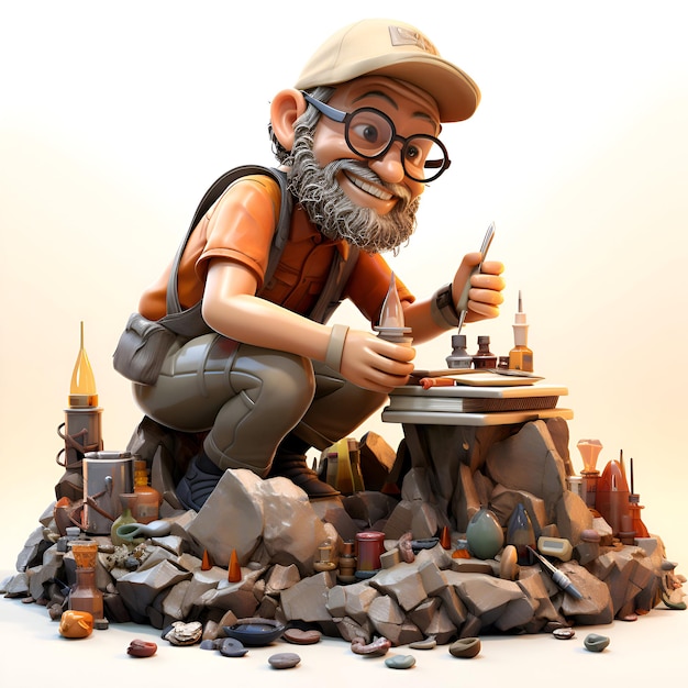 3D-Illustration einer Zeichentrickfigur mit einem Rucksack, die auf einem Felsen sitzt